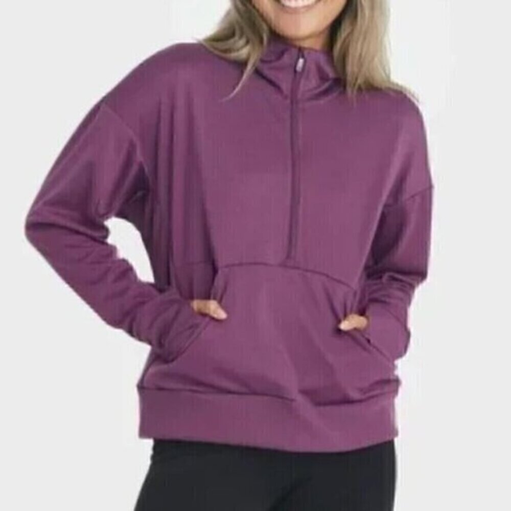 ALL IN MOTION Ponte Half Zip Hoodie Purple 1/2 Zip Thumbholes Boxy Sweatshirt L